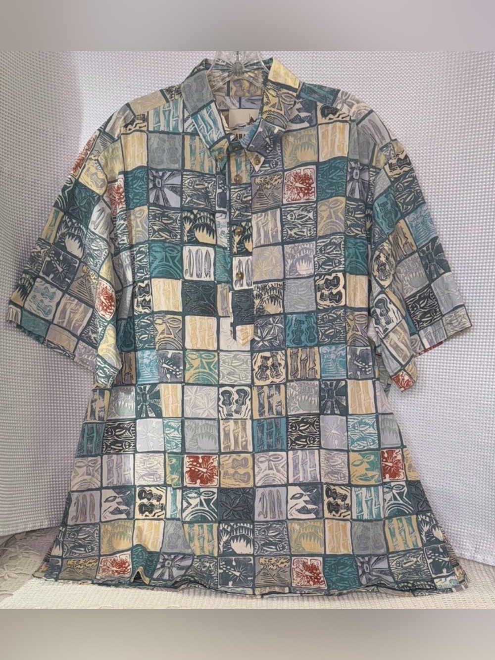 Kahala Aloha Shirt 4 Button 100% Cotton Ukulele Fish Bamboo Surf Tiki Volcano XL